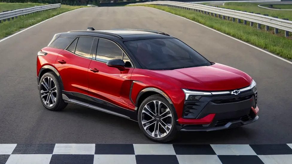 Chevrolet Blazer EV SUV front three quarters on racetrack