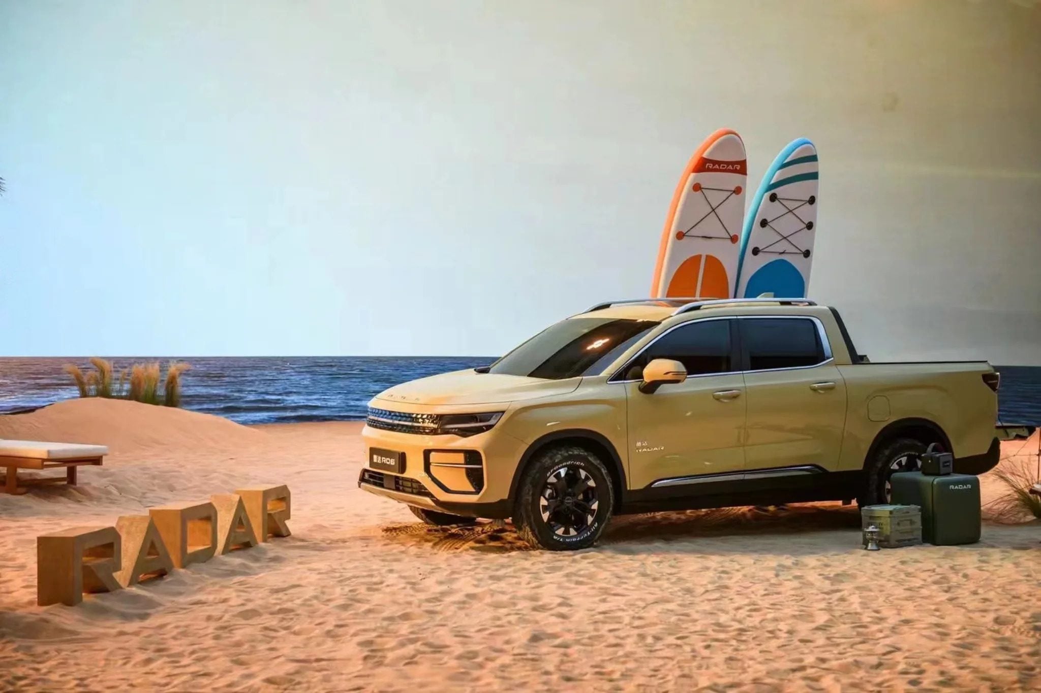Geely Radar RD6 dual-cab electric ute front three quarters on beach