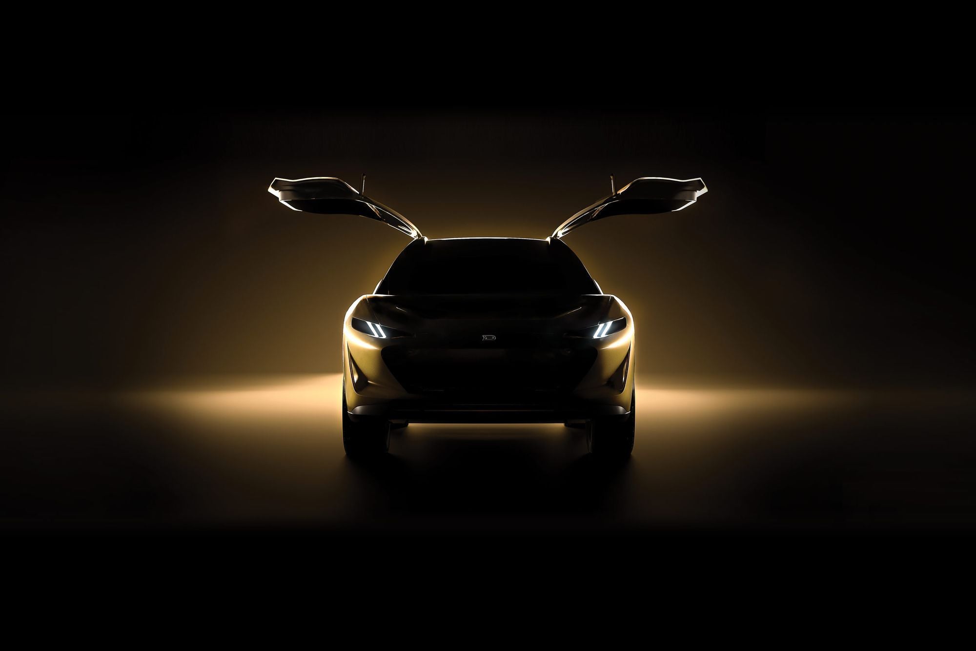 Drako Dragon EV SUV in studio with gullwing doors open