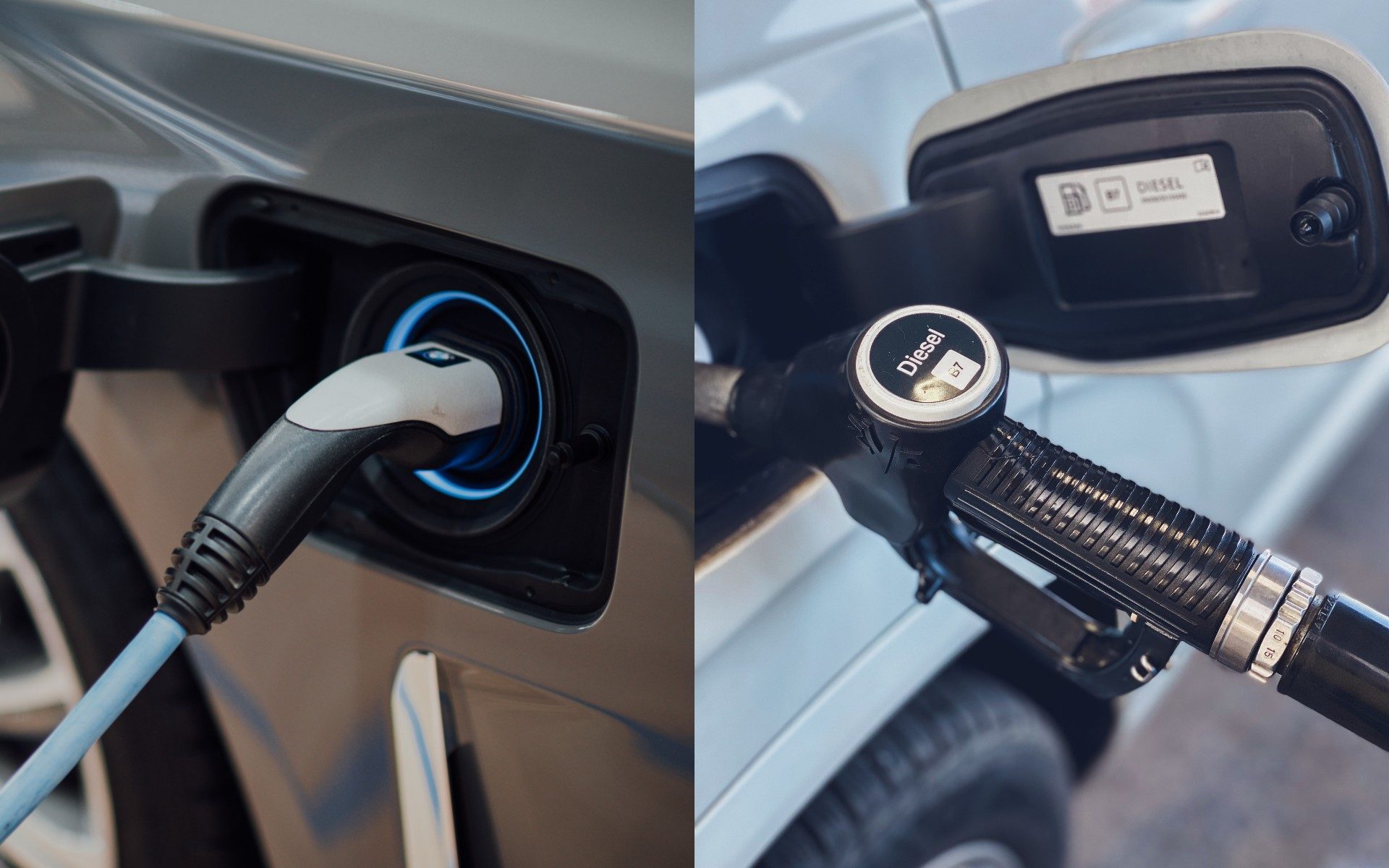 Electric vehicle charger next to diesel pump collage