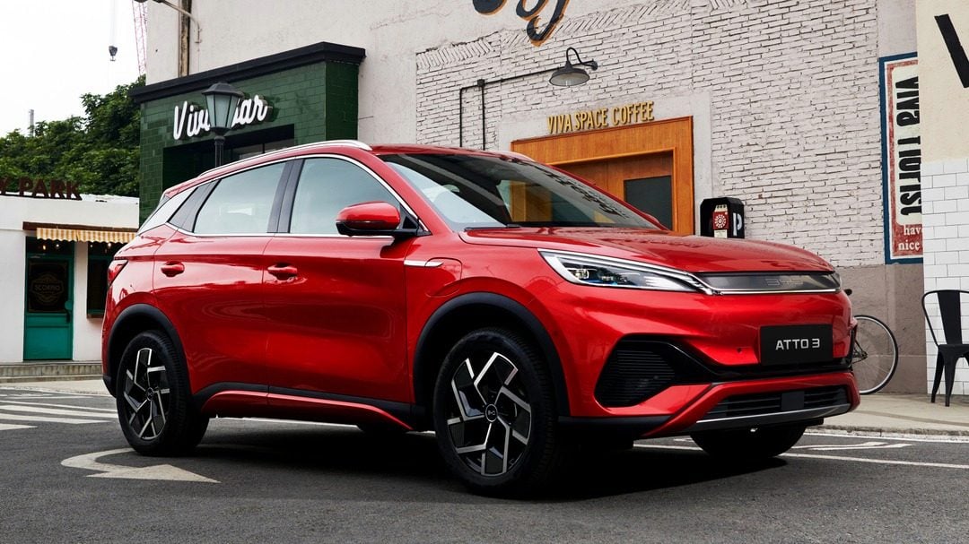 BYD Atto 3 front three quarter view in red