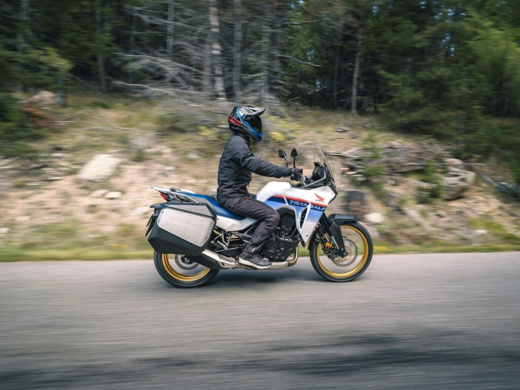 Honda Transalp riding past trees