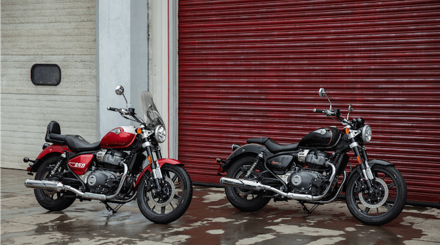 Royal Enfield Super Meteor 650 in front of red roller door