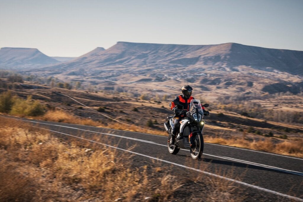 KTM 790 Adventure riding through mountains