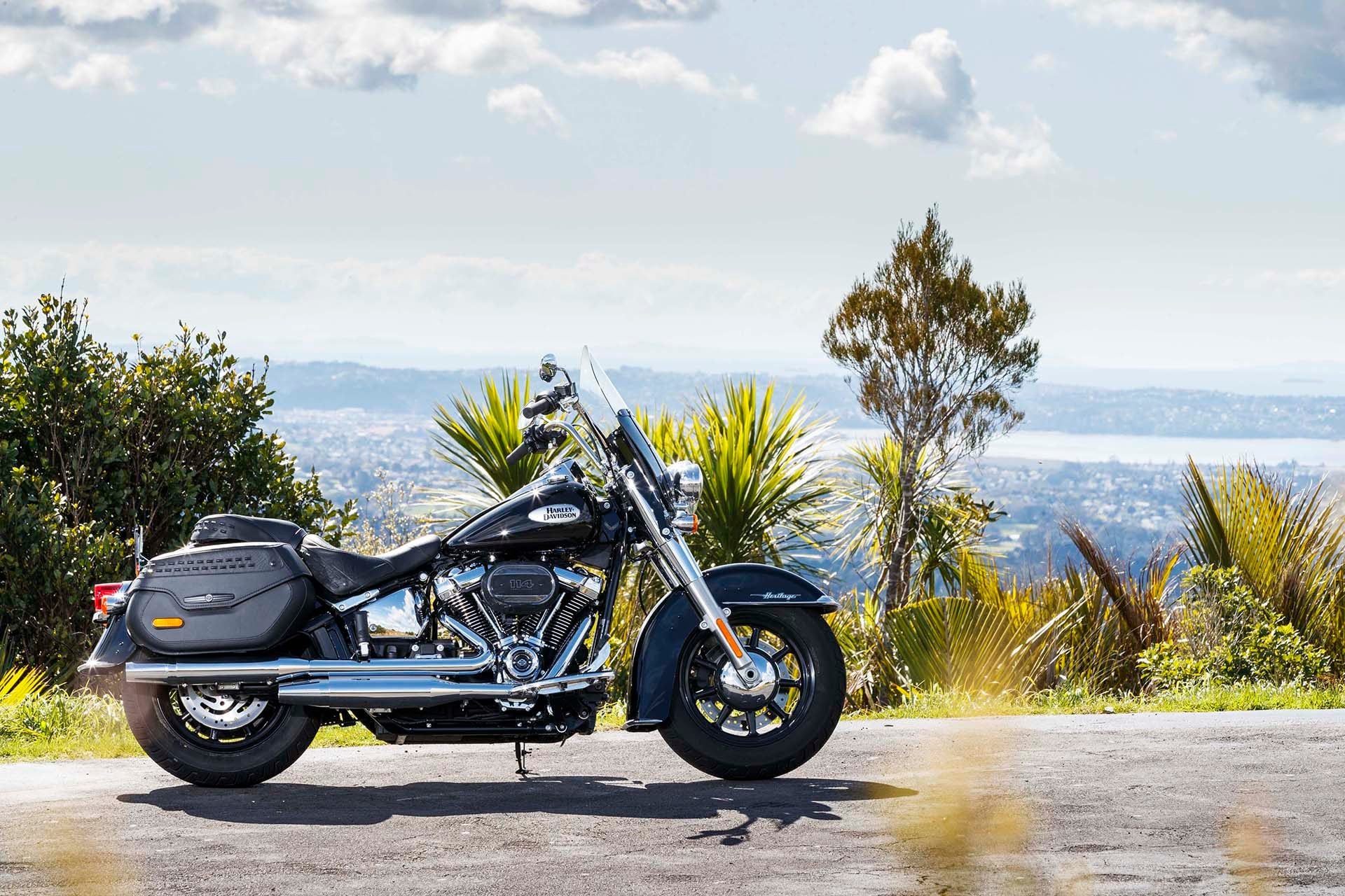 Harley Davidson Softail Heritage side static on hilltop