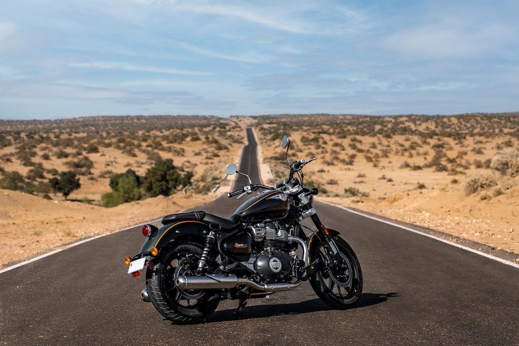 Royal Enfield Super Meteor 650 parked on long road