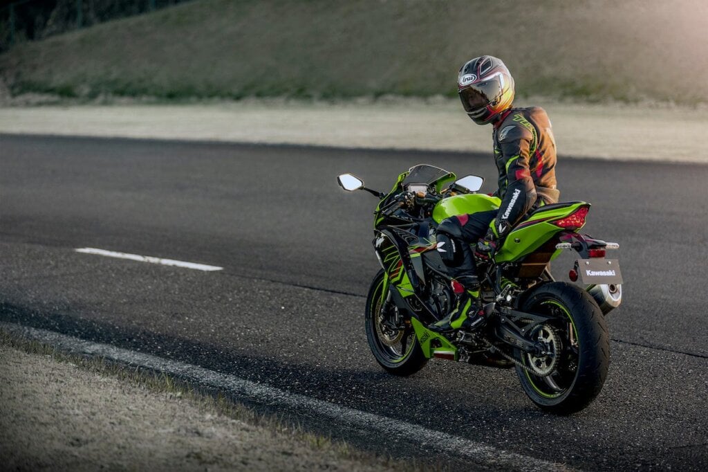 Kawasaki Ninja ZX-4R with rider onboard