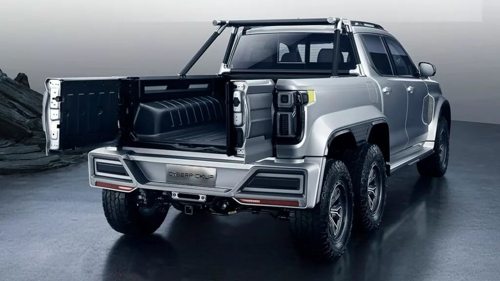 Great Wall Motor CyberP!ckup six-wheel ute rear three quarter view with tailgate open