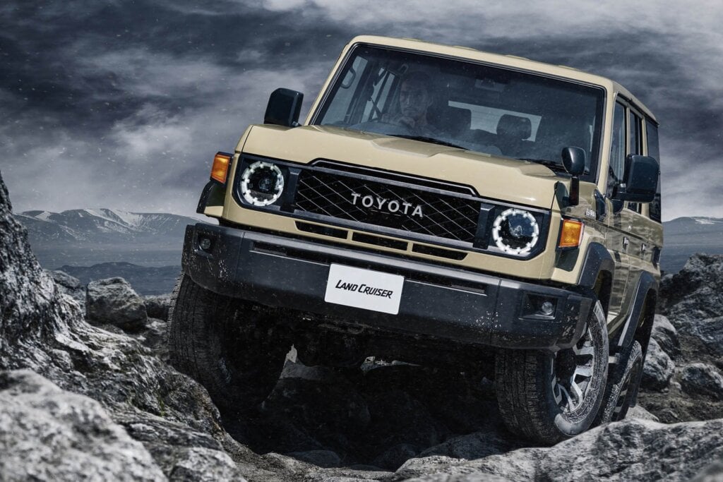 2024 Toyota Land Cruiser 70 driving over rocks