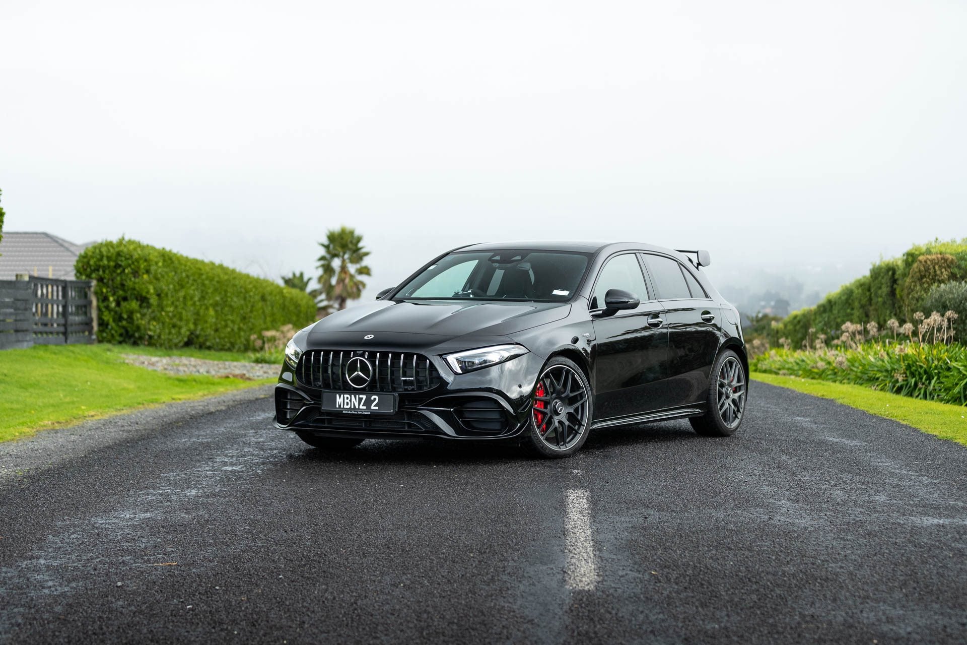 Front quarter view of a black Mercedes A45 AMG S