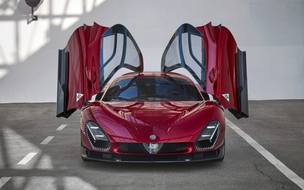 Alfa Romeo 33 Stradale supercar front view with doors open