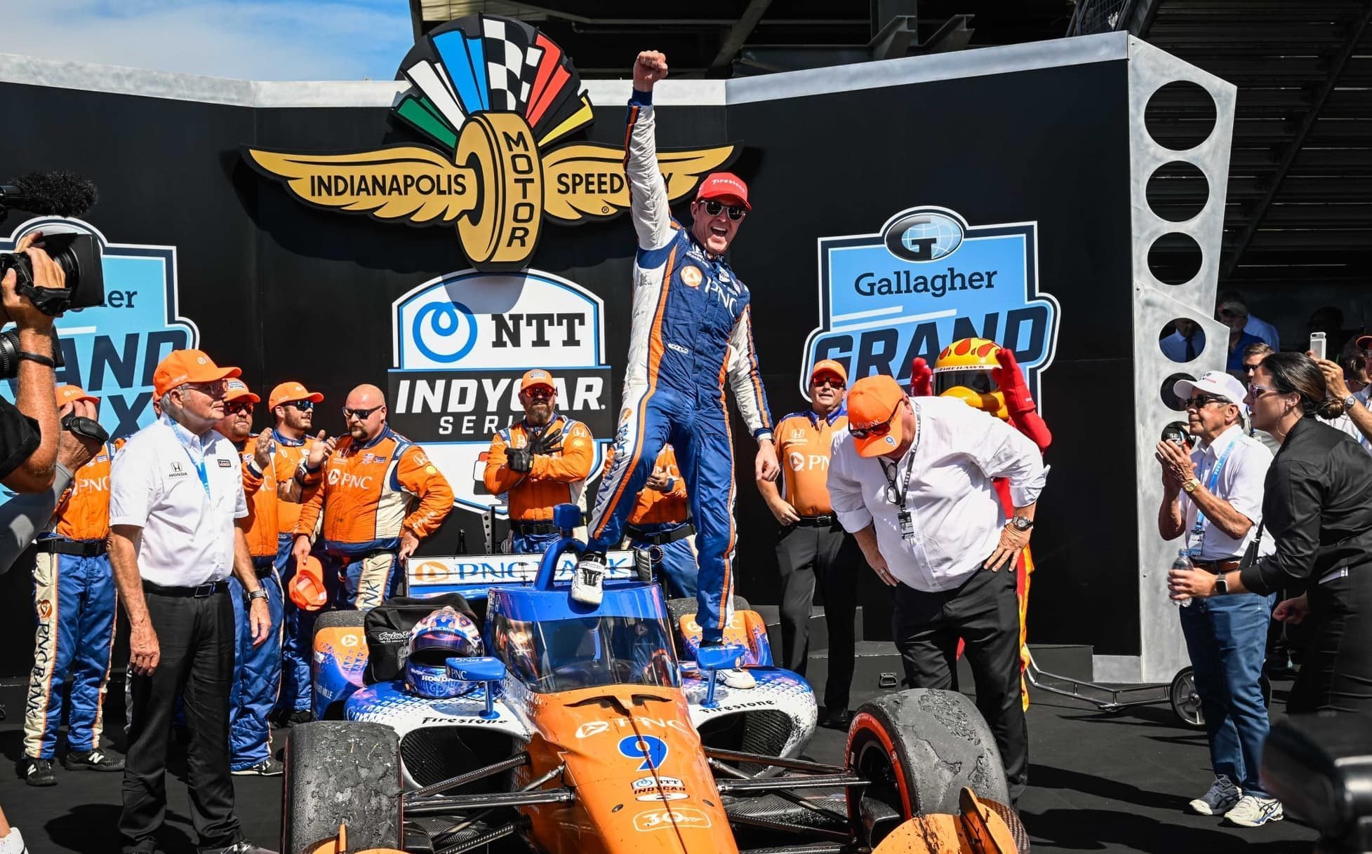 Scott Dixon celebrating Gallagher GP win at Indianapolis