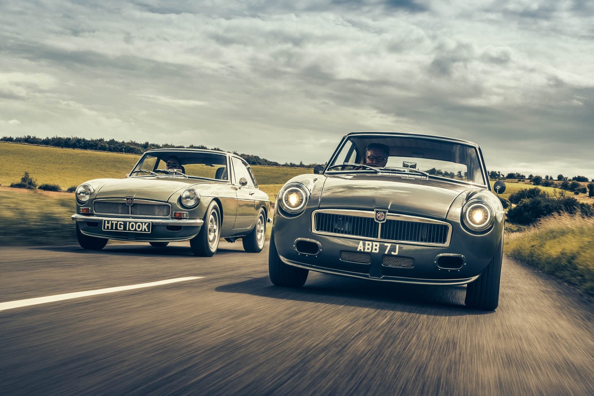 Frontline Cars MGB V8 and EV restomods driving on country road