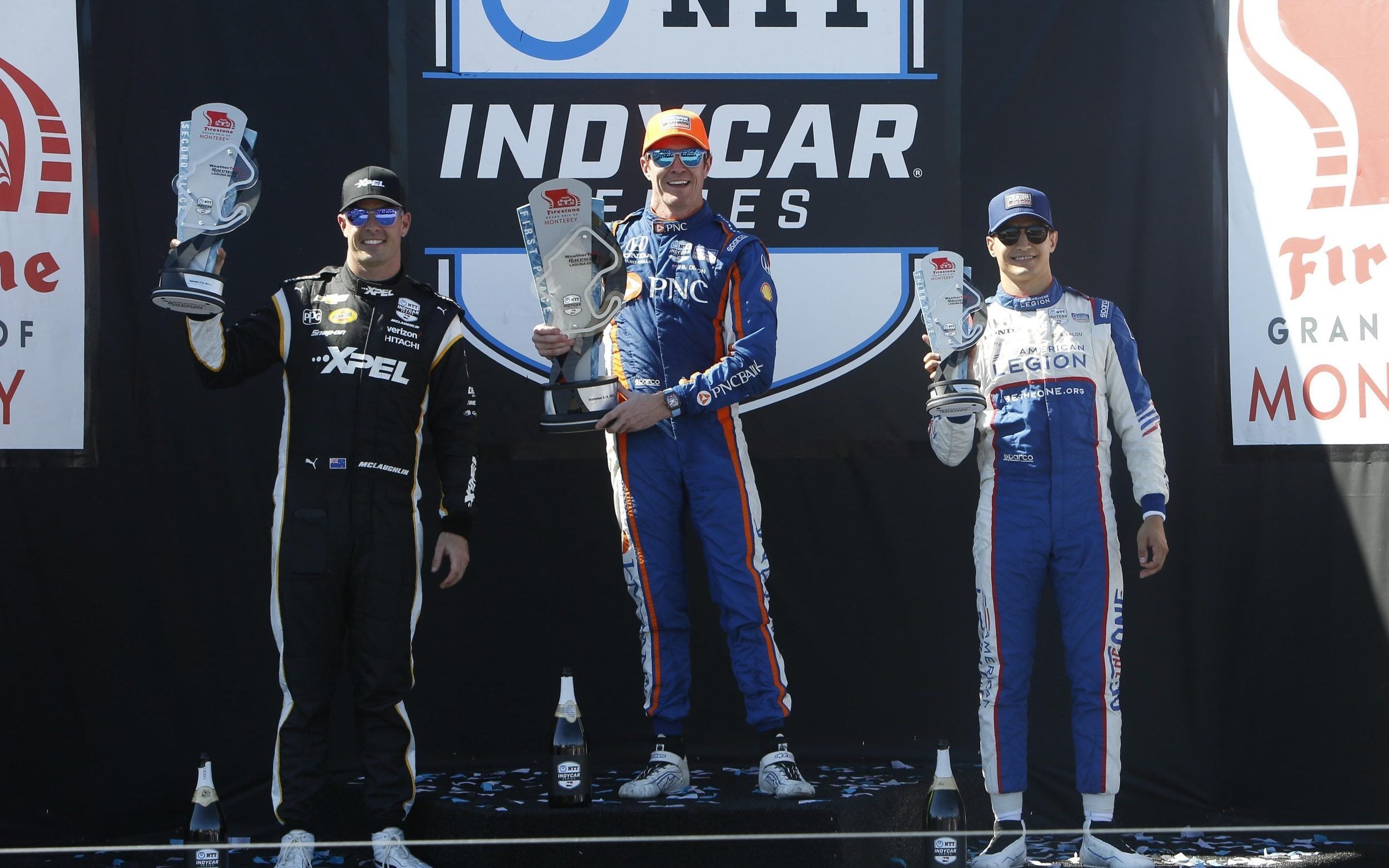 Scott Dixon holding up first place trophy for 2023 Grand Prix of Monterey on podium
