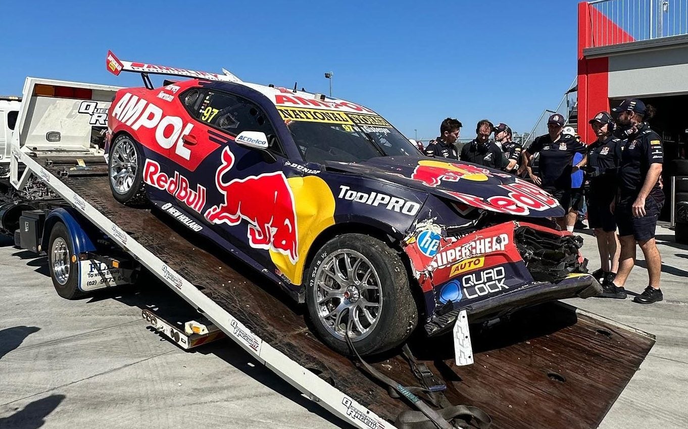 Shane van Gisbergen's crash damaged Supercar after brake failure at Queensland Raceway