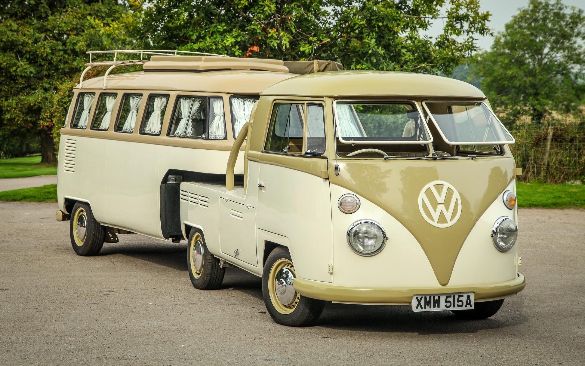 Volkswagen Type 2 and camper trailer front three quarter view