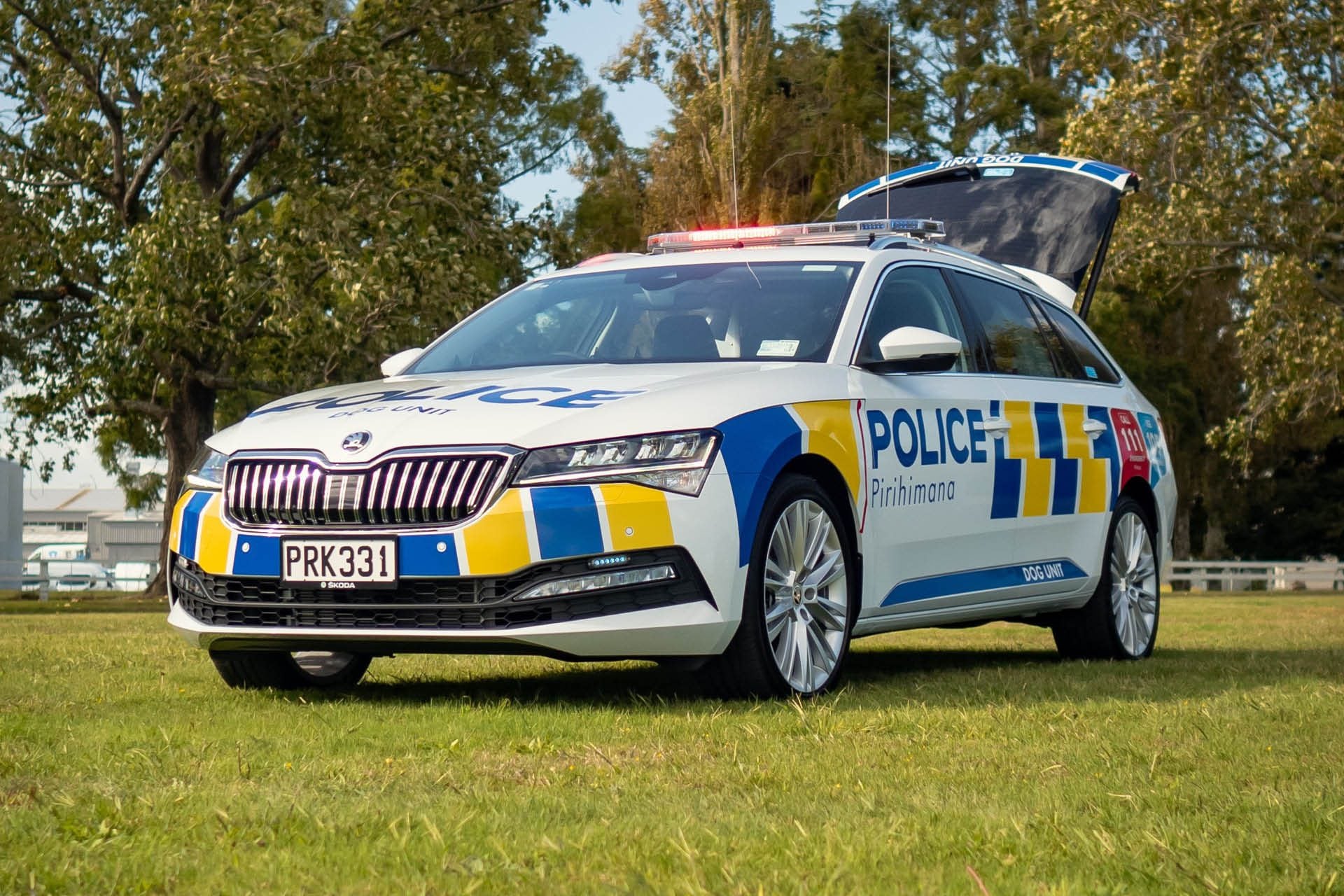 New Zealand Police Skoda Superb dog unit with boot open