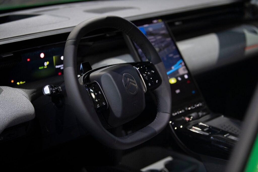 Hexagonal shape to the two-spoke steering wheel.