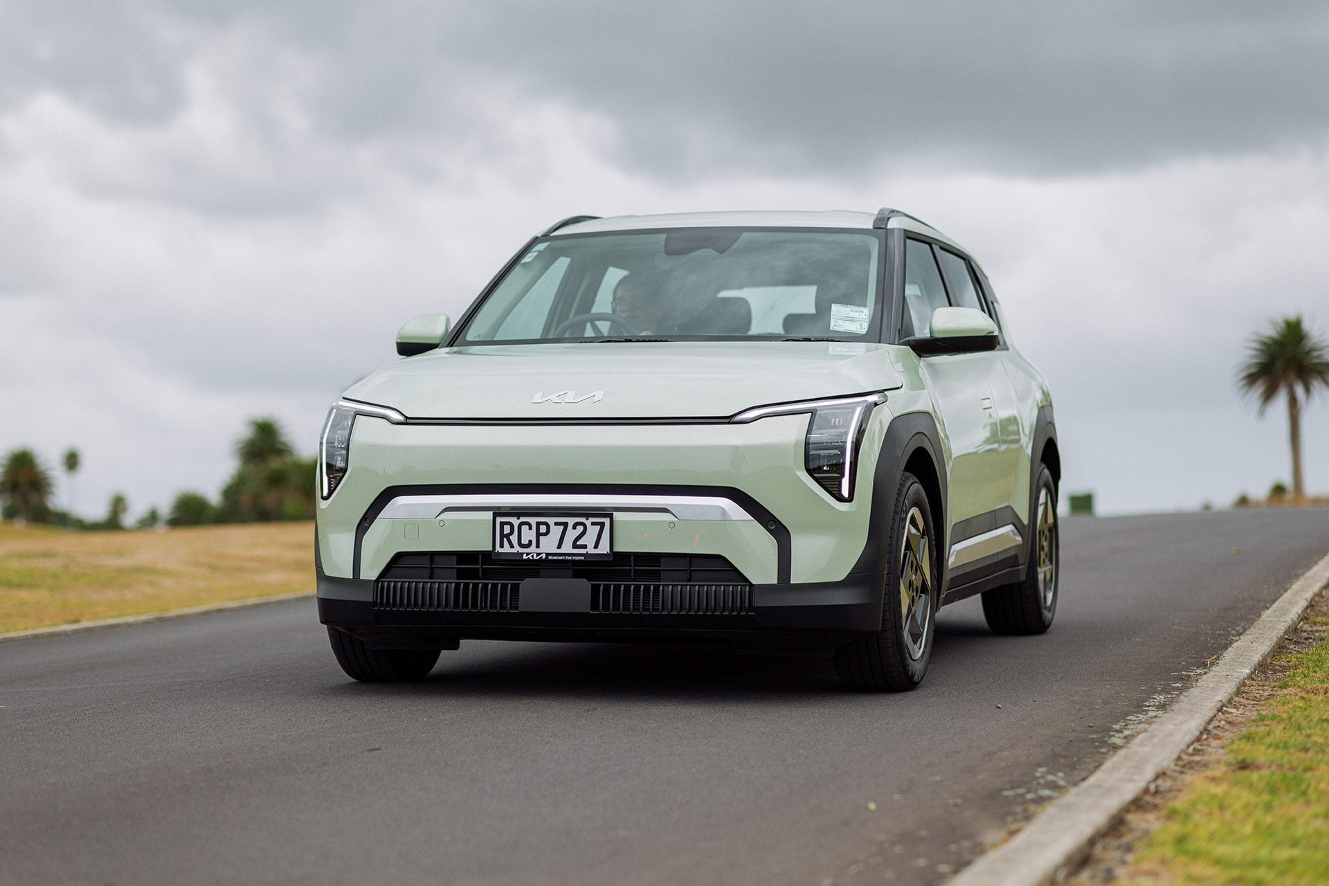 Kia EV3 under cloudy skies