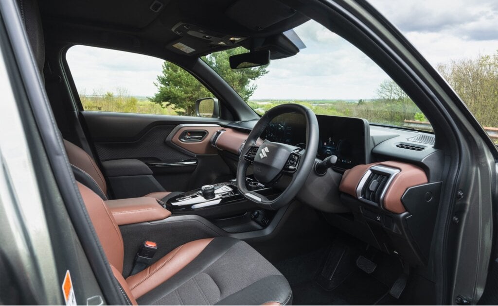 A mix of textile and pleather for the upholstery.