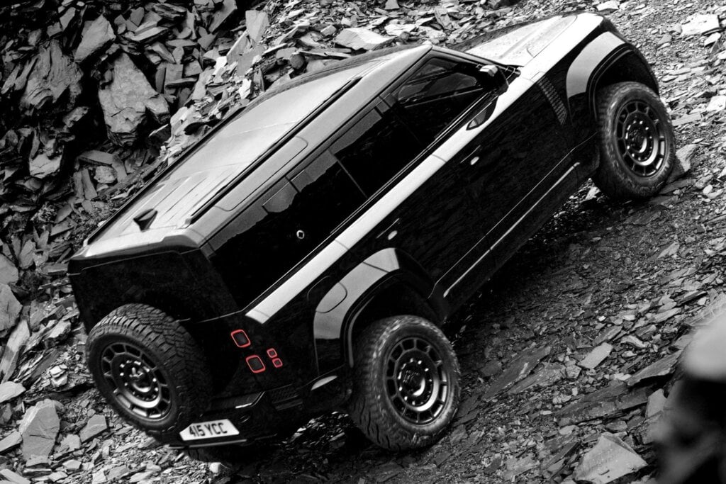 Up she goes, the new Defender Octa Black doing its off-road thing.