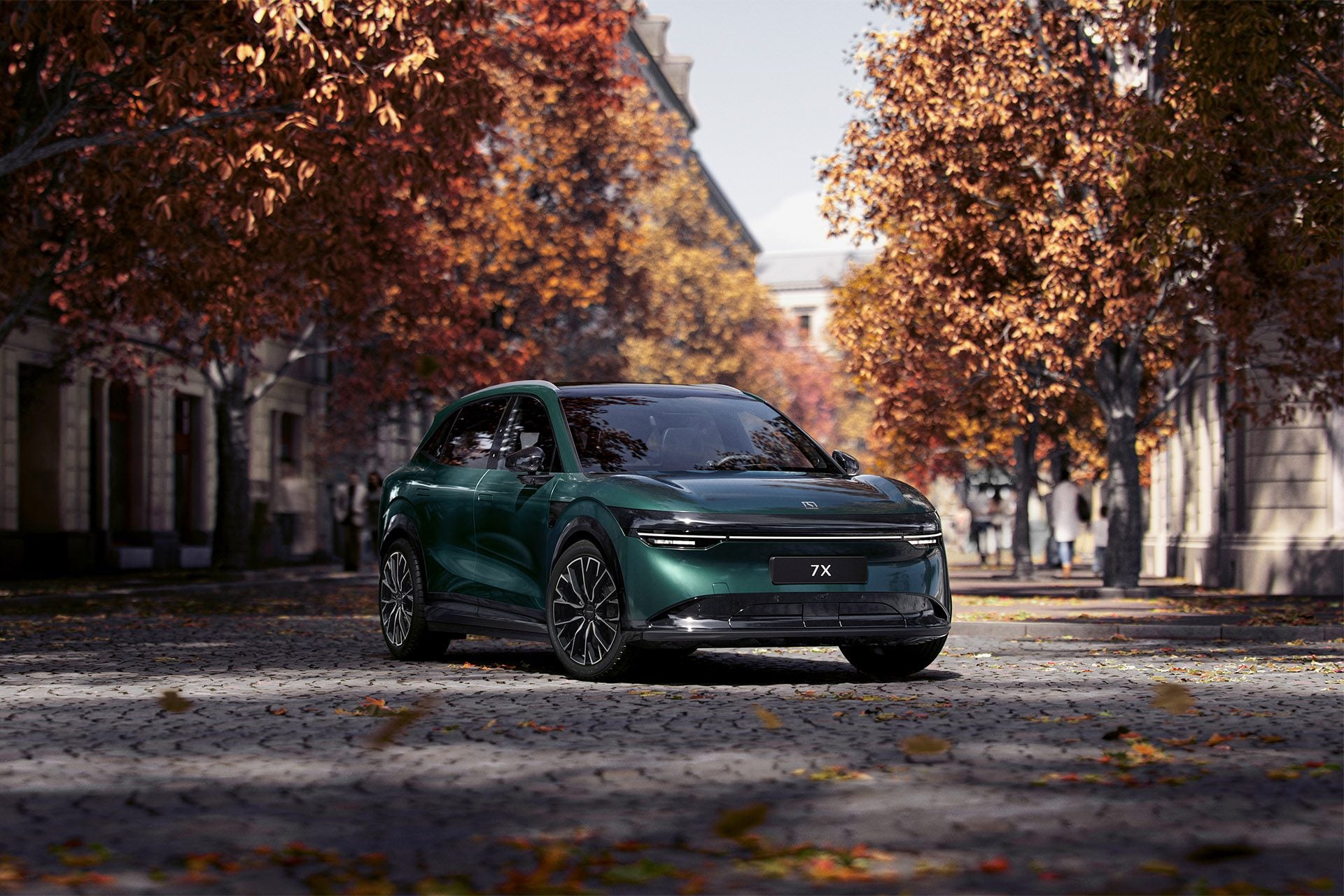 Green Zeekr 7X under autumnal trees in the city