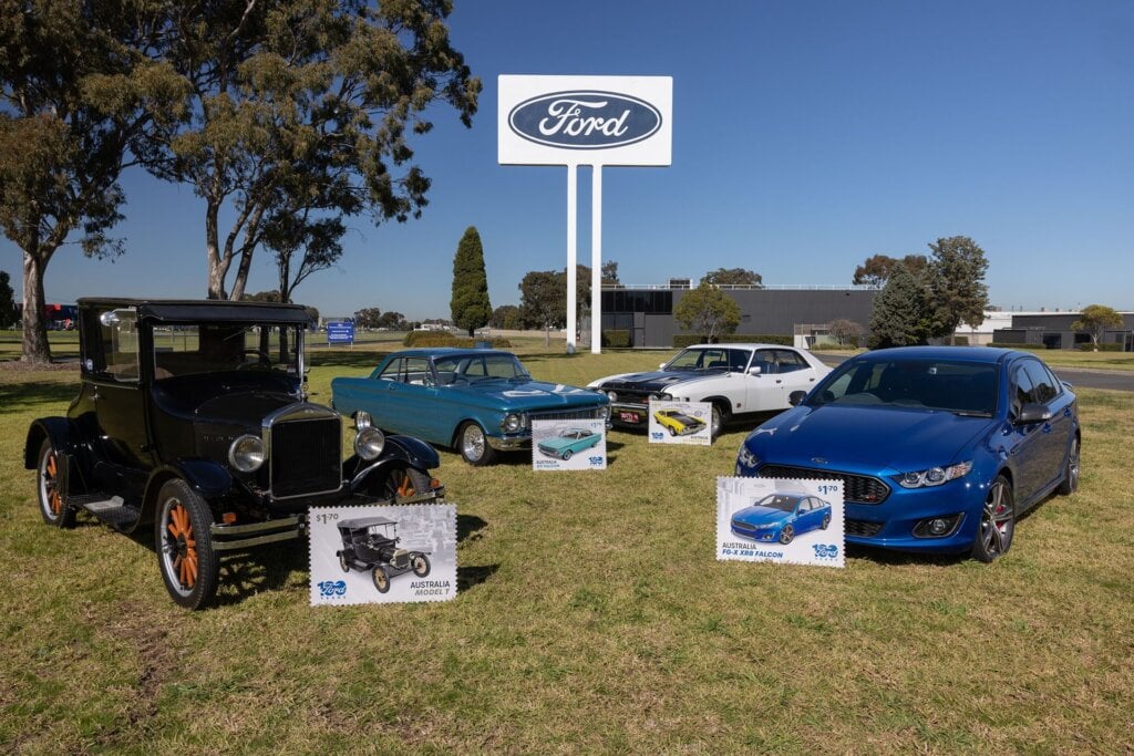 The four iconic models from Ford chosen for the 2025 limited-edition stamp collection.