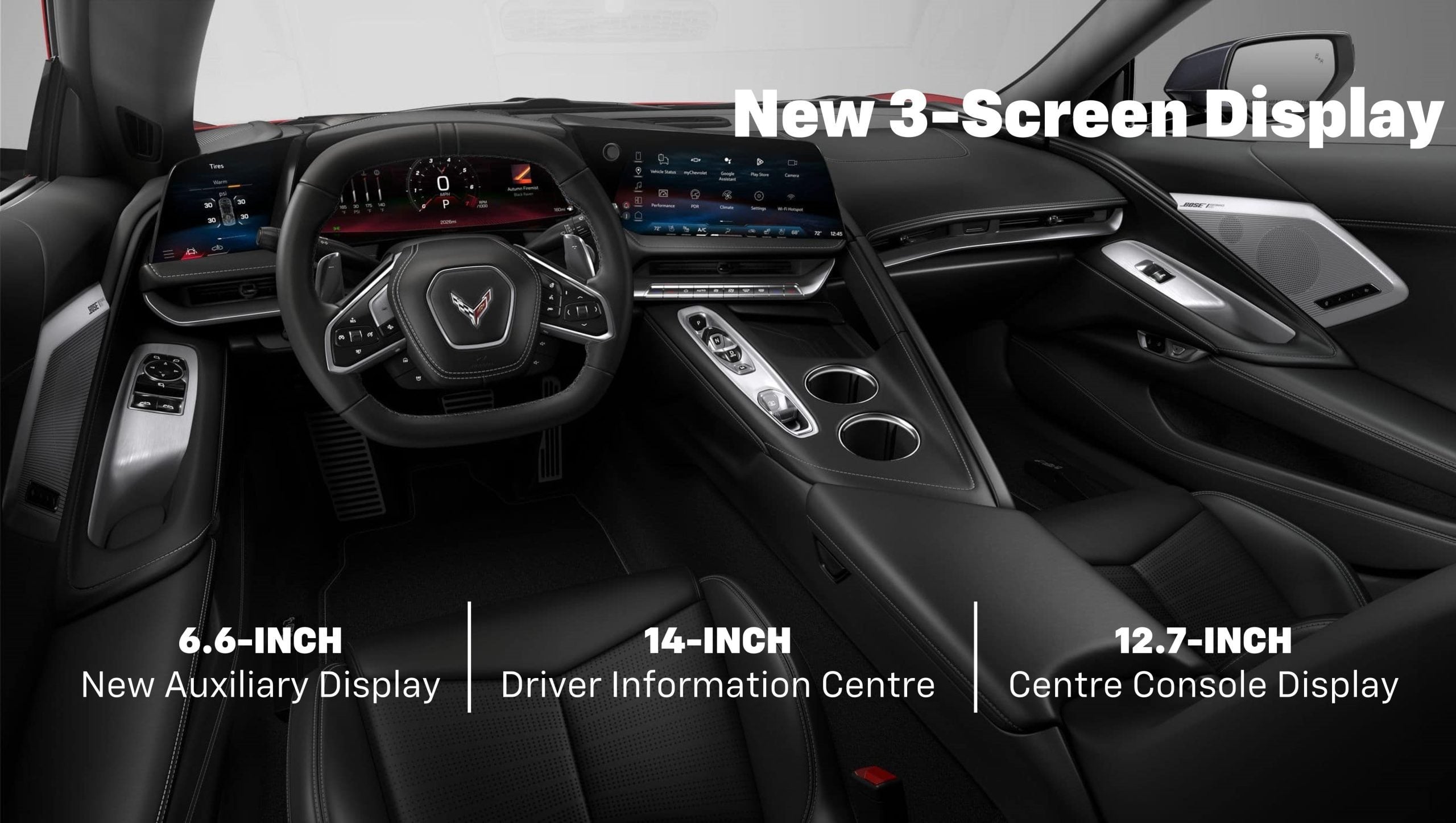 Corvette interior with three screens