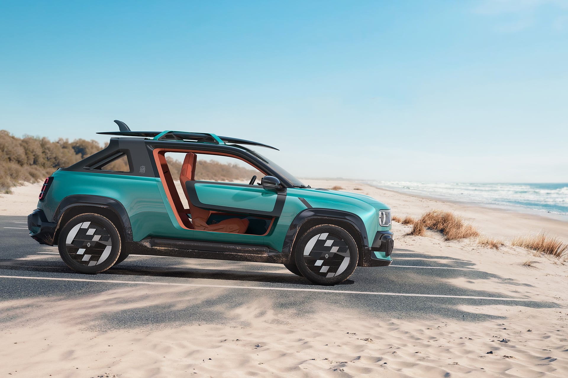 Renault 4 concept in teal parked near the beach
