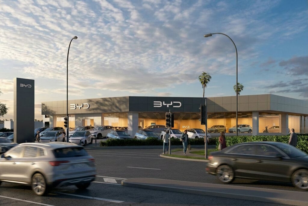 BYD dealership under cloudy skies