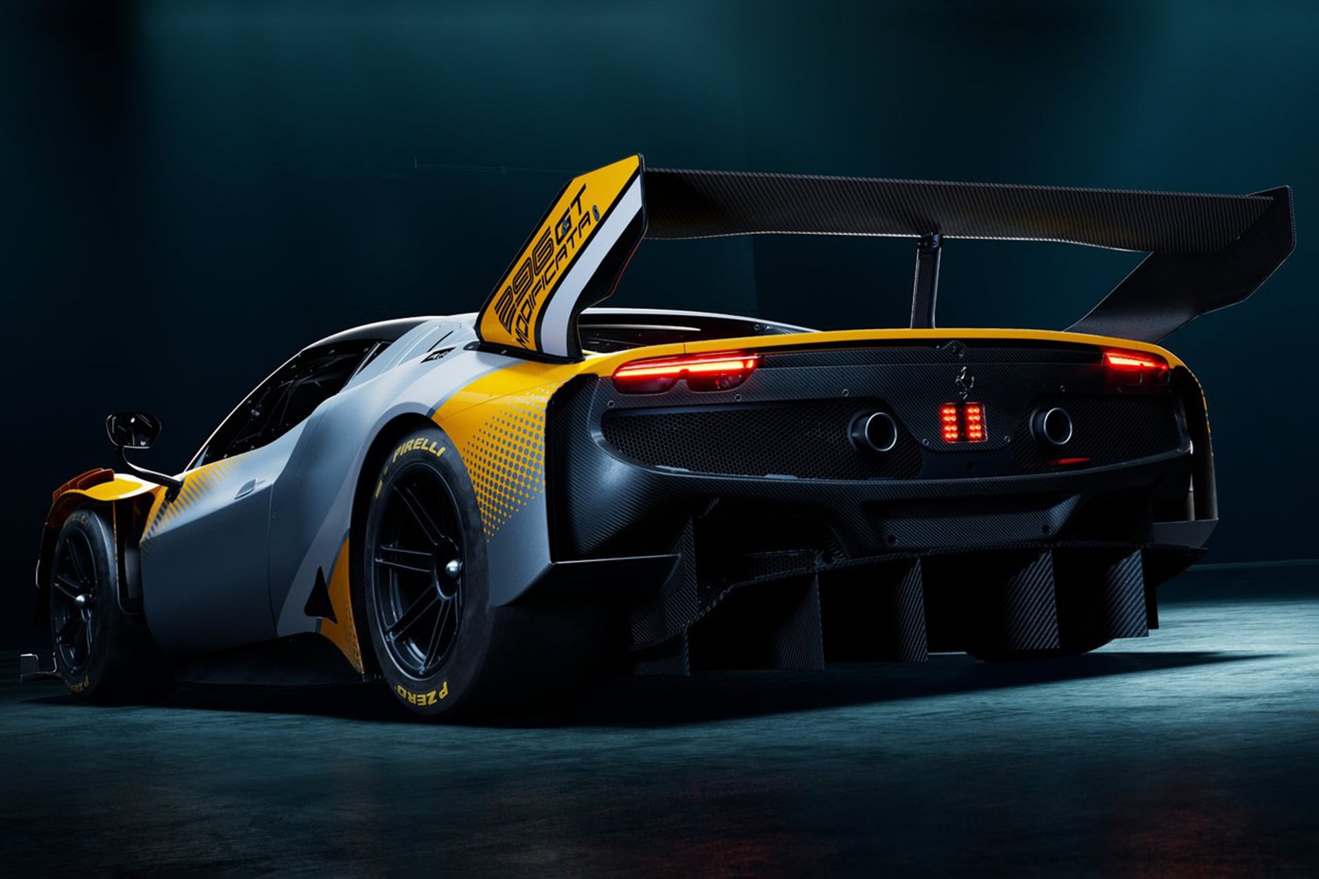 Ferrari 296 with a big wing in blue and yellow in shadow