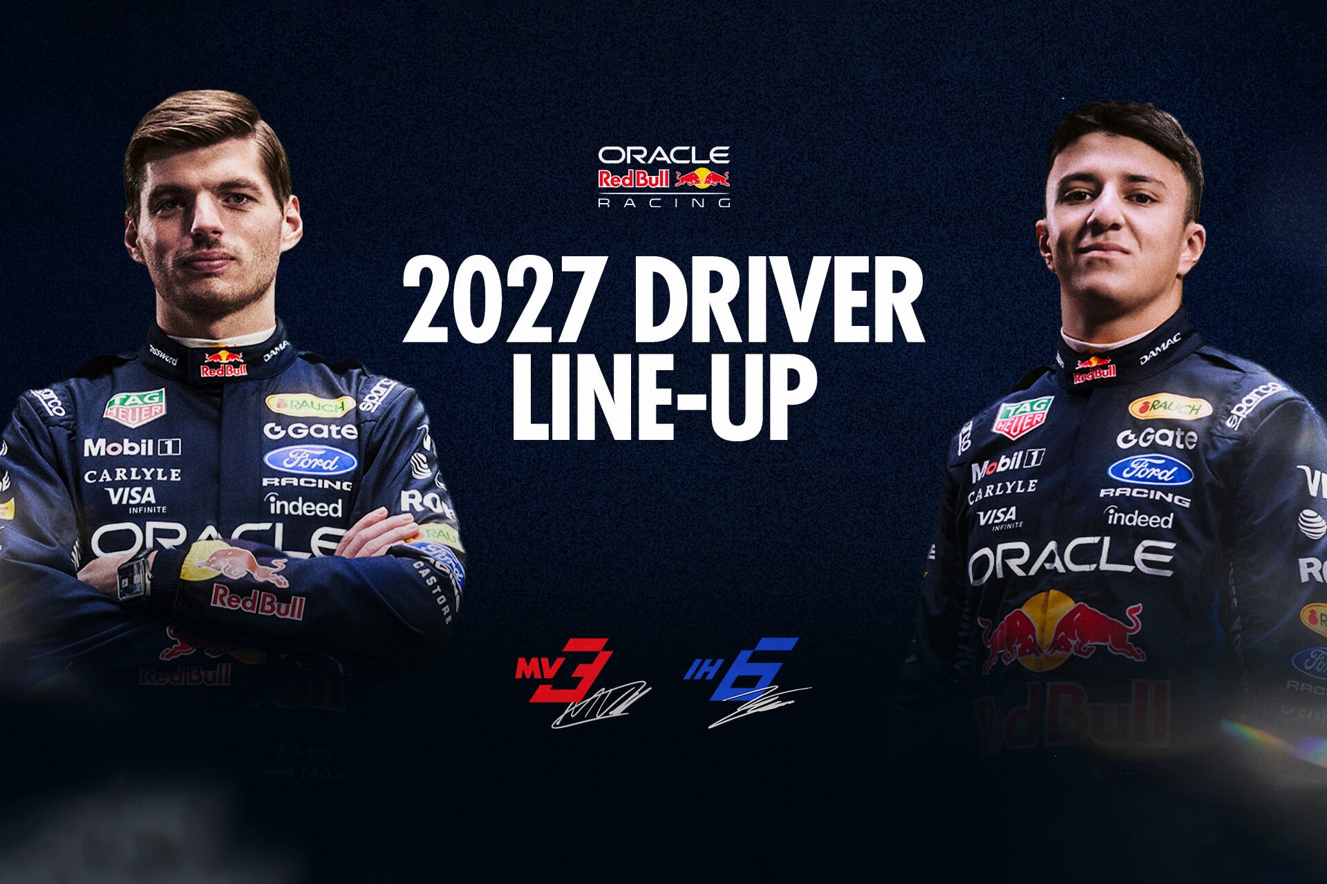 Max Verstappen and Isack Hadjar on a blue back ground