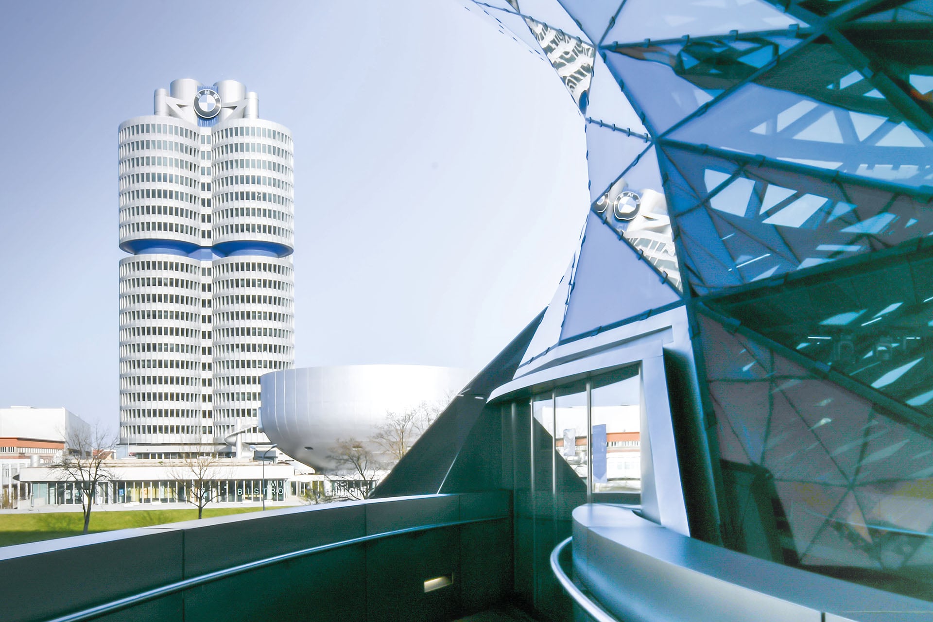 bmw building with clear skies above