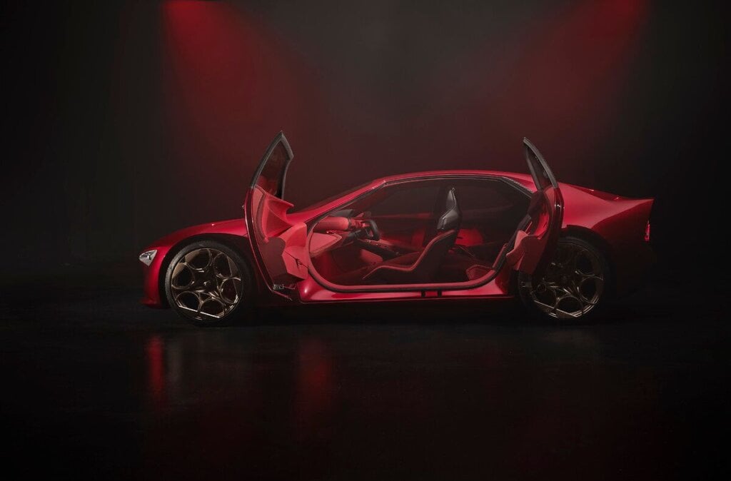 Alfa Romeo Cuorerosso concept with doors open showing four-seat cabin