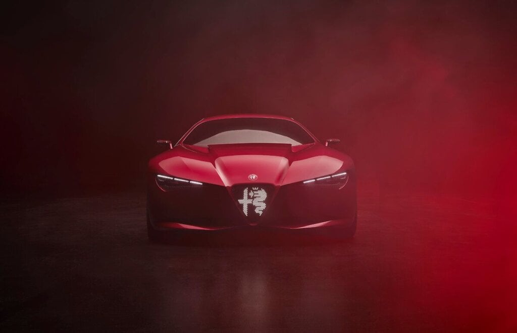 Front view of the Alfa Romeo Cuorerosso with Scudetto and backlit grille