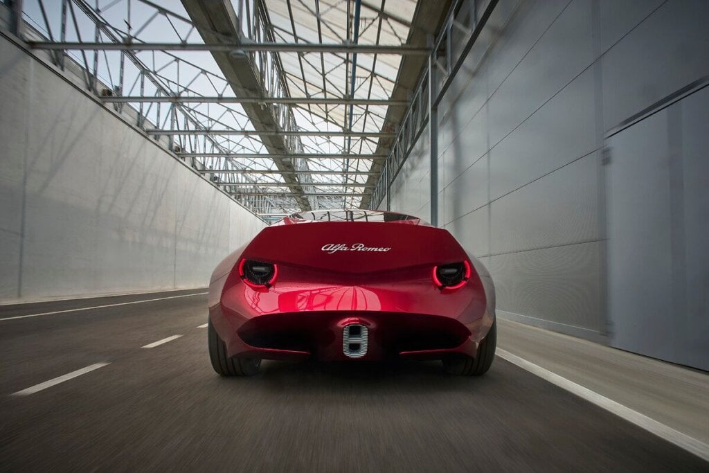 Rear of the Alfa Romeo Cuorerosso showing the Coda Tronca tail and round lights