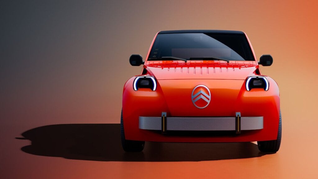 Front view of the Citroën 2 CV Concept showing round headlights and chevron badge