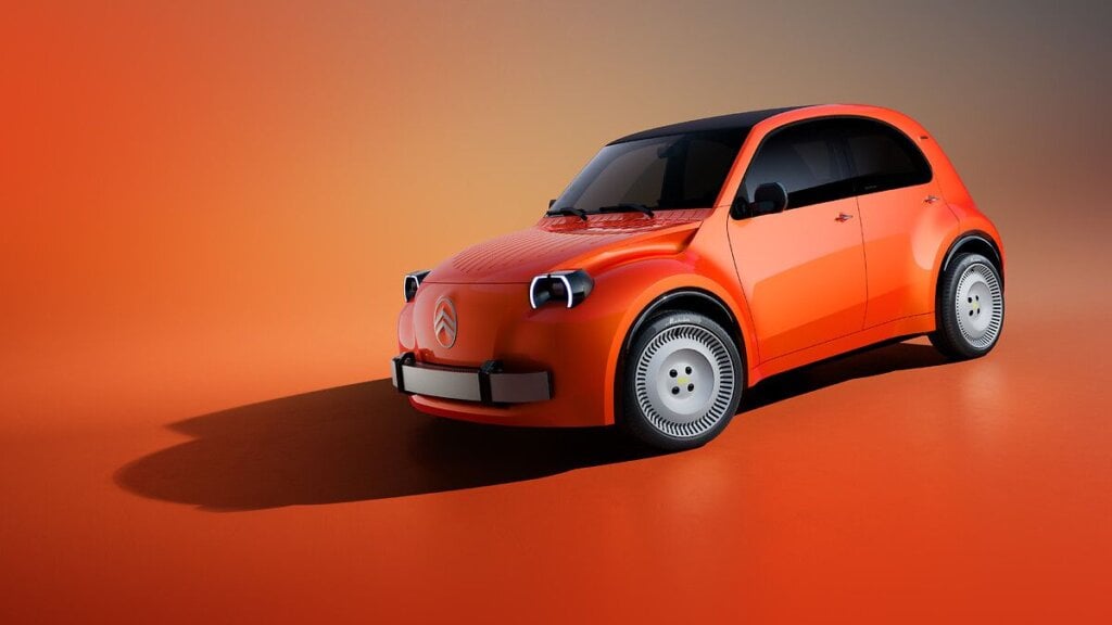 Citroën 2 CV Concept electric car in Infra Red orange, front three-quarter view