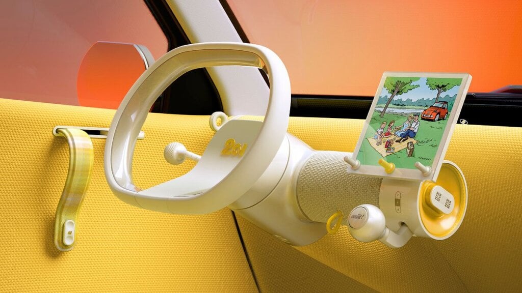 Single-spoke steering wheel and 8-inch square touchscreen in the Citroën 2 CV Concept