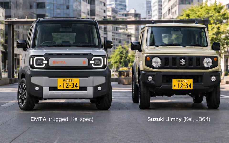 AI-generated impression of the rugged Emta kei car beside a Suzuki Jimny
