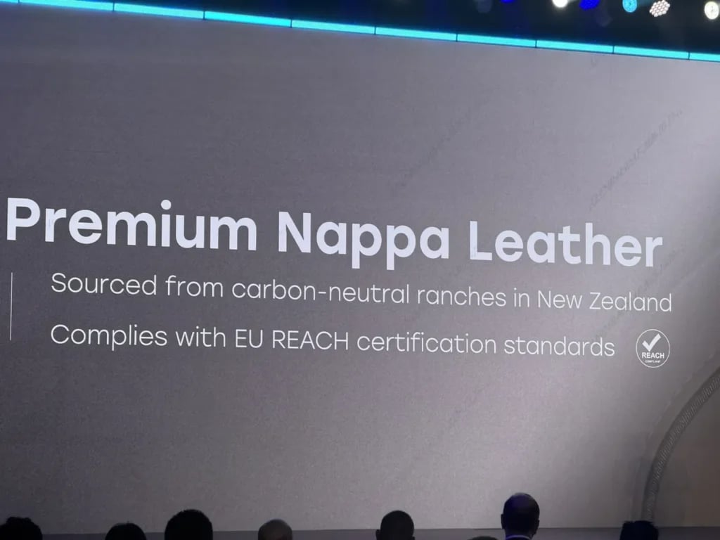 Slide stating Freelander 8 nappa leather is sourced from carbon-neutral farms in New Zealand