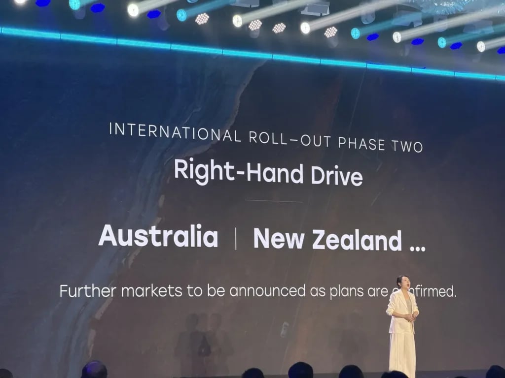Presentation slide listing Australia and New Zealand in Freelander international roll-out phase two for right-hand drive
