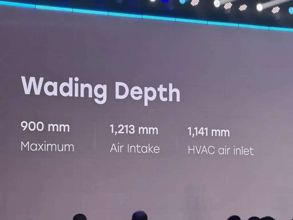 Slide showing Freelander 8 wading depth of 900mm, air intake at 1213mm and HVAC inlet at 1141mm
