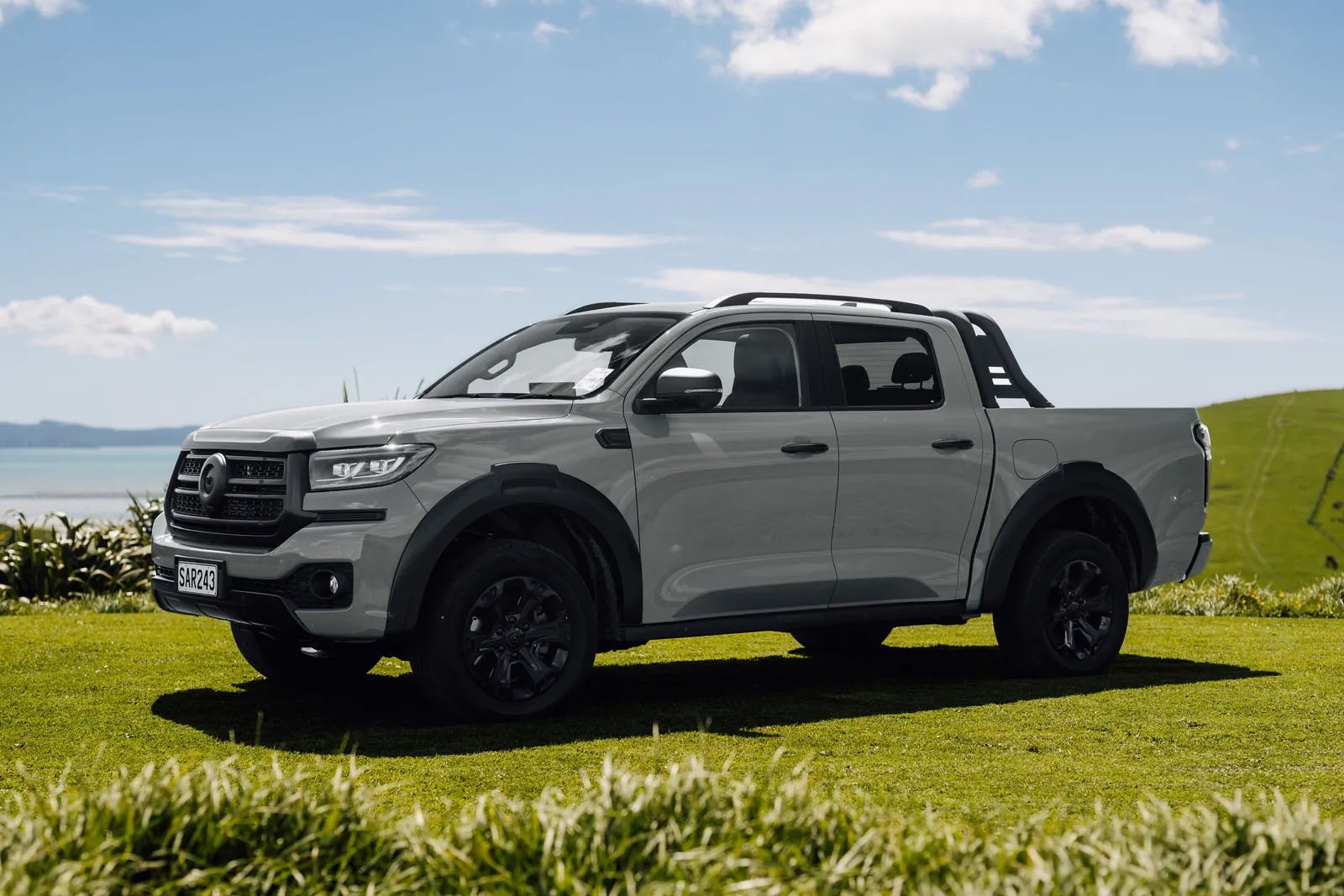 Grey GWM Cannon Hi4-T PHEV ute parked on a grassy hilltop under blue sky