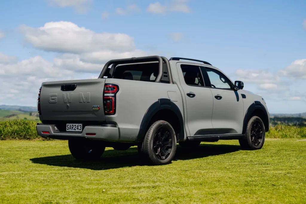 Rear three-quarter view of a grey GWM Cannon Hi4-T PHEV with sports bar