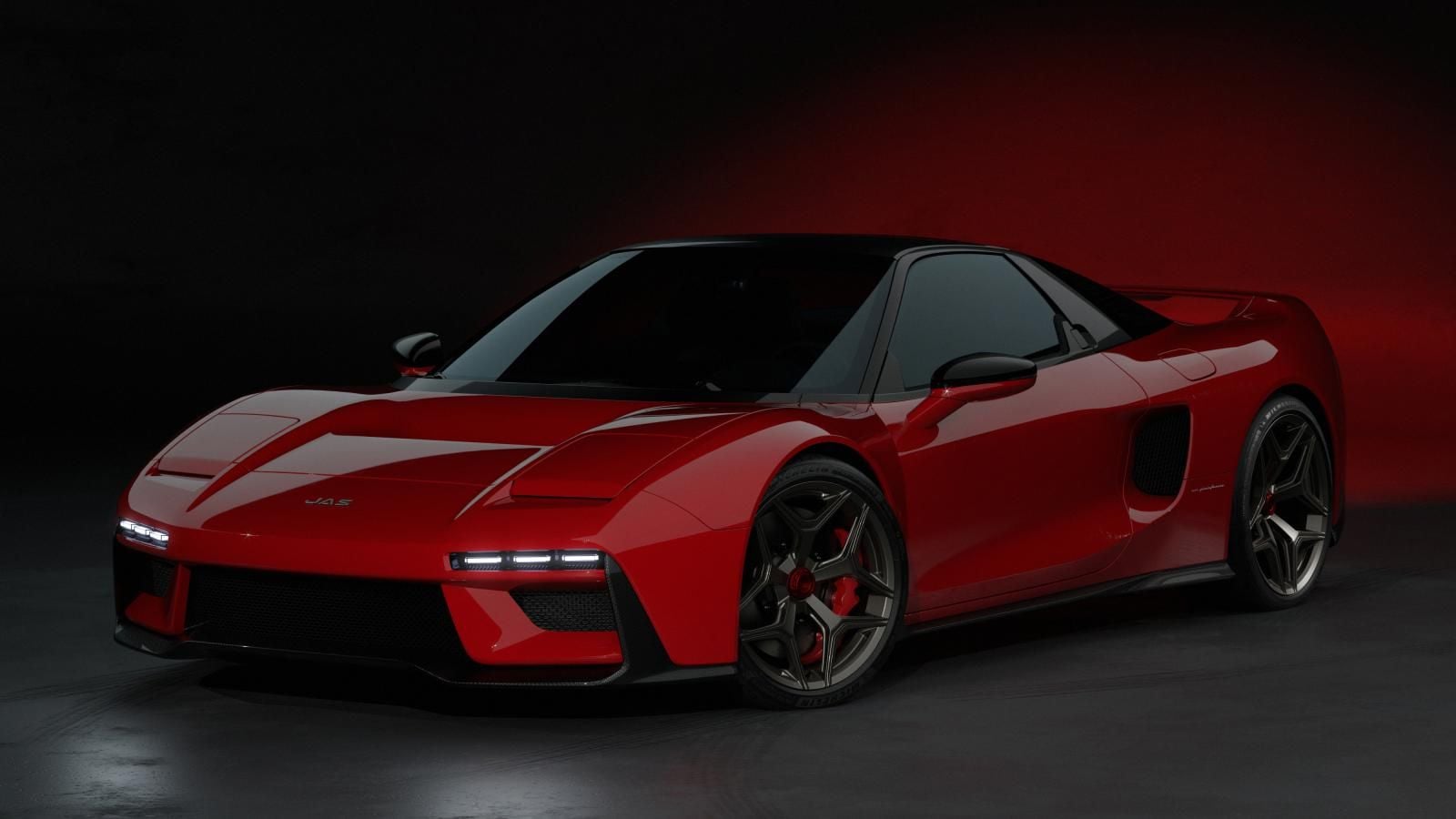 Front of the JAS Tensei showing its pop-up headlight covers and carbon fibre body
