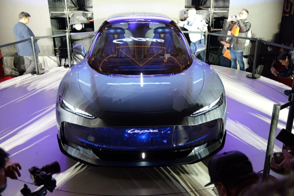 Head-on view of the Lepas Aura concept showing its illuminated front light screen
