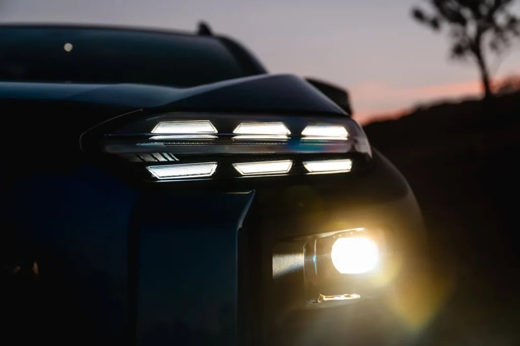 Subaru Trailseeker LED headlight and daytime running light detail at dusk