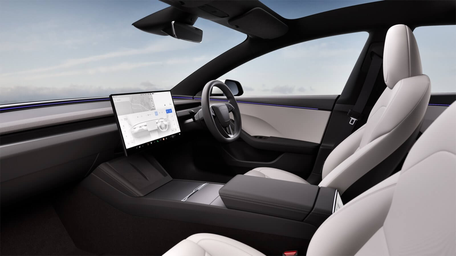 Light interior of a Tesla Model 3 with its 16-inch touchscreen