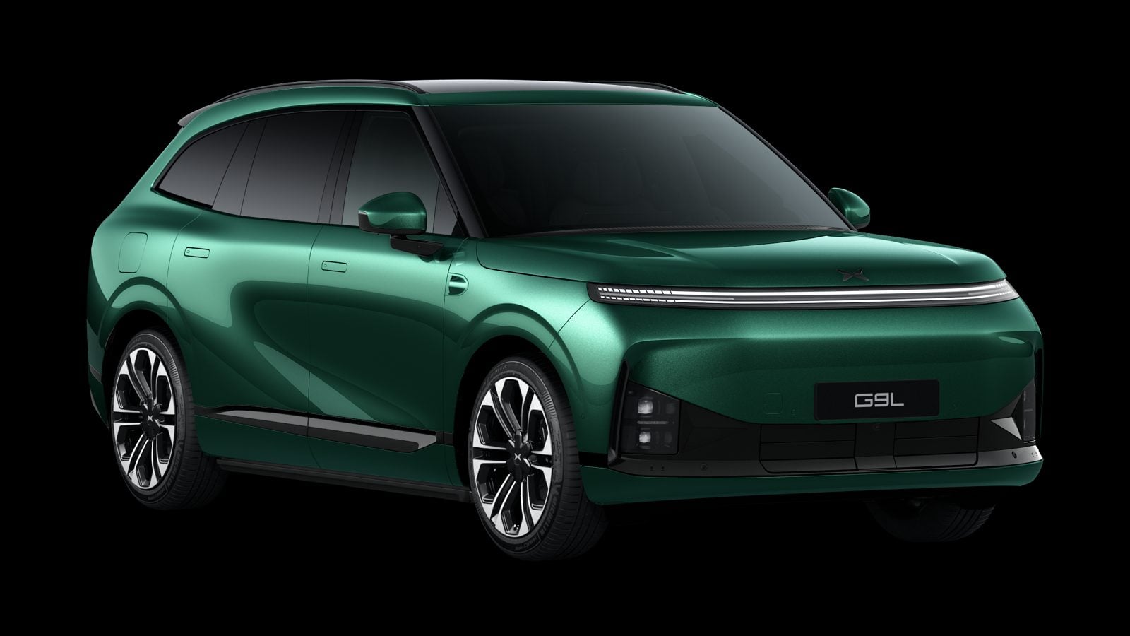 Green XPeng G9L front three-quarter view
